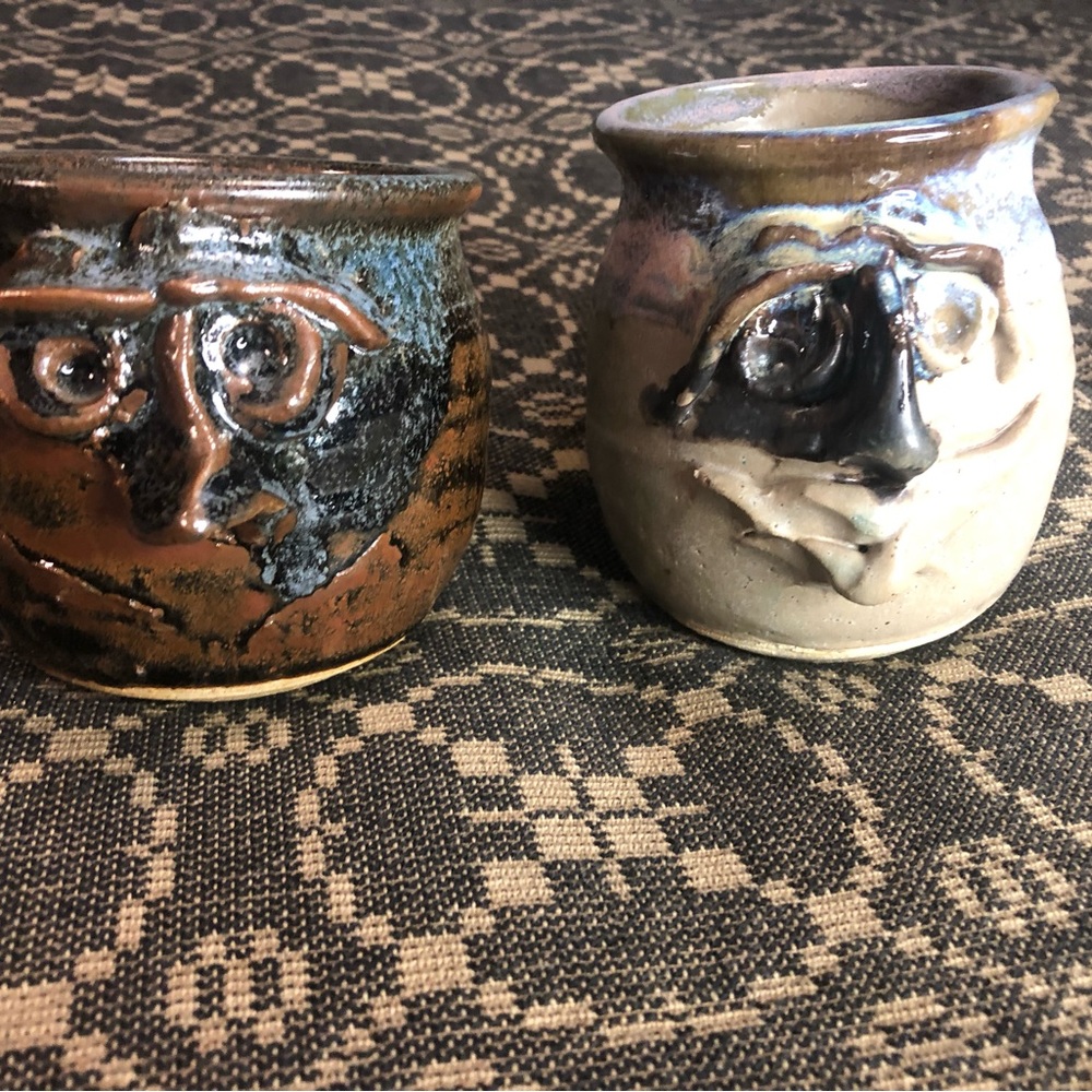 Pottery Clay Sculptured Face Mugs Set of 2